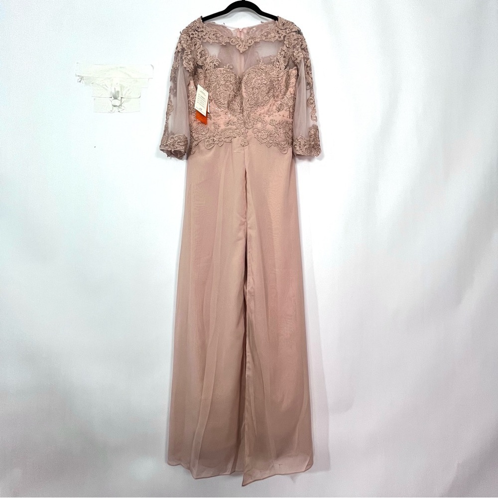 Dusty Rose Pants suit Jumper Romper with shrug Sheer Mesh Lace Top Sz 2 NWT - Picture 3 of 6